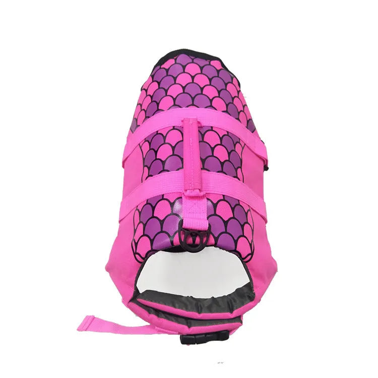 Pet life jacket vest for dogs in polyester, available in Rose Red and Silver Grey sizes XS to L