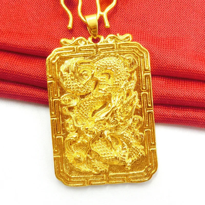 Gold dragon pendant for men, solid 40g metal, animal zodiac style, on display