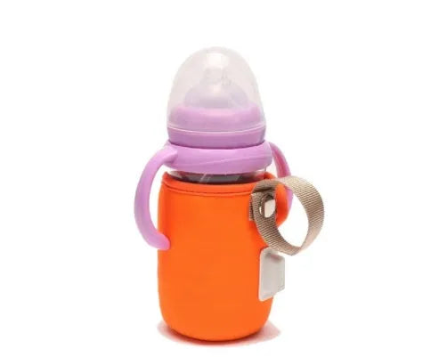 Blue USB baby bottle warmer showing cotton sleeve and power connection for milk feeding
