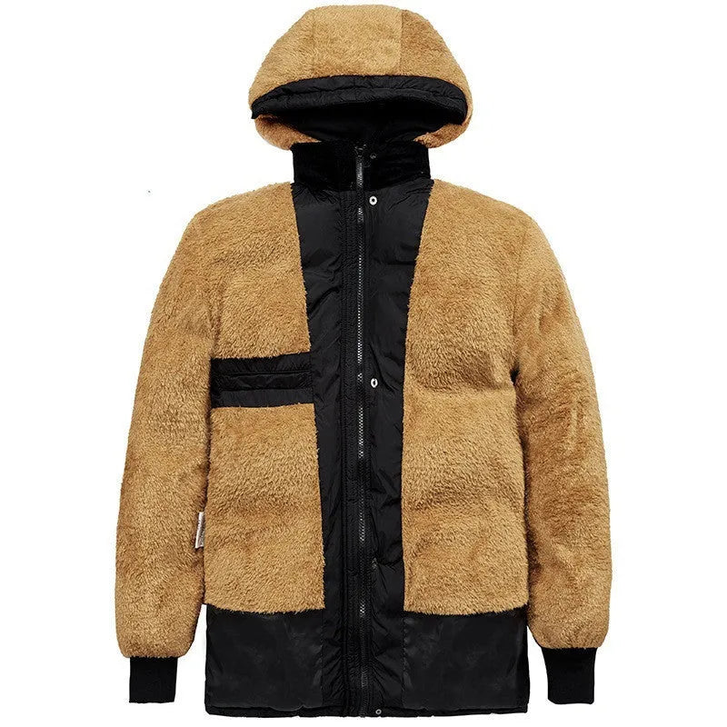 Men's black velvet padded winter jacket with hood and double breasted front closure