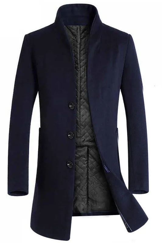 Men's mid-length slim fit hooded cotton blend trench coat in 825 navy blue with lapel collar and multi-pockets
