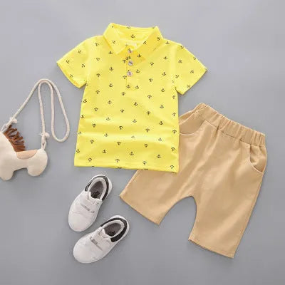 Anchor print children's cotton pantsuit set in Korean style with short sleeves and trousers