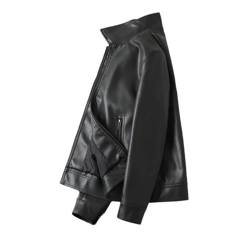 Men's black PU leather casual jacket with zipper pockets and a loose fit.