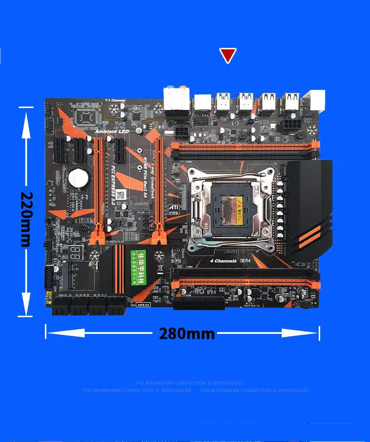 X99 chipset ATX motherboard with LGA2011-3 socket, four DDR4 slots, and dual PCI-E x16 connectors