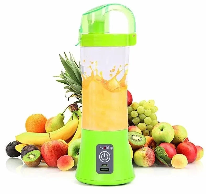Blue handheld electric juicer with 400ml transparent cup and USB charging cable