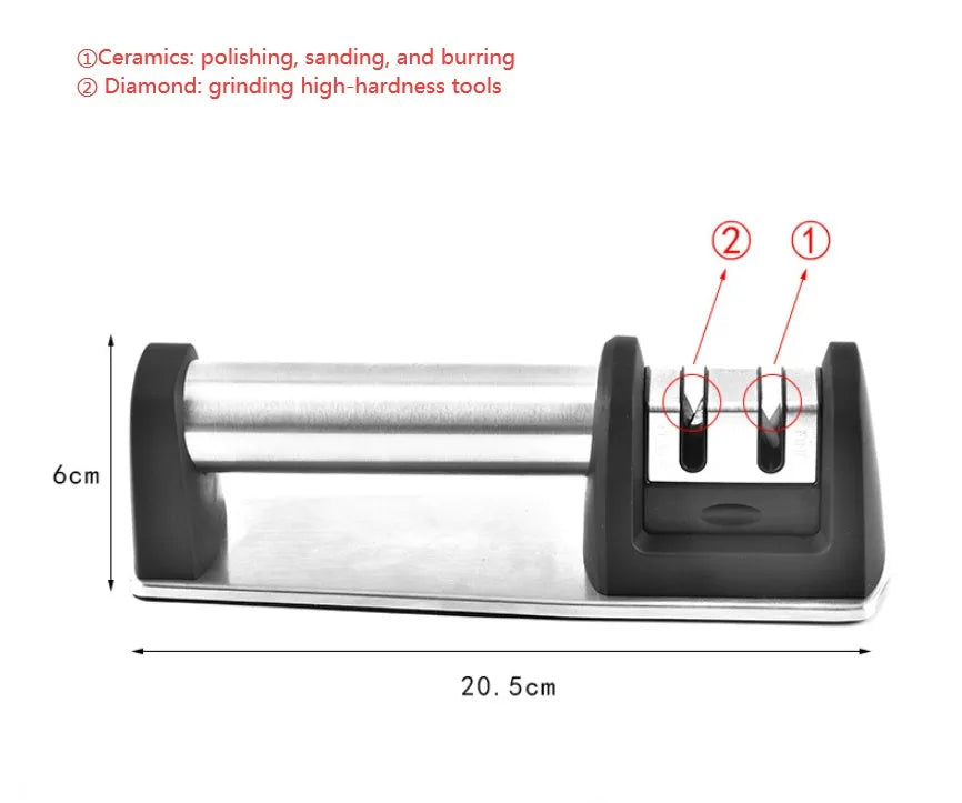 A black manual kitchen knife sharpener made from ABS plastic with an integrated handle.