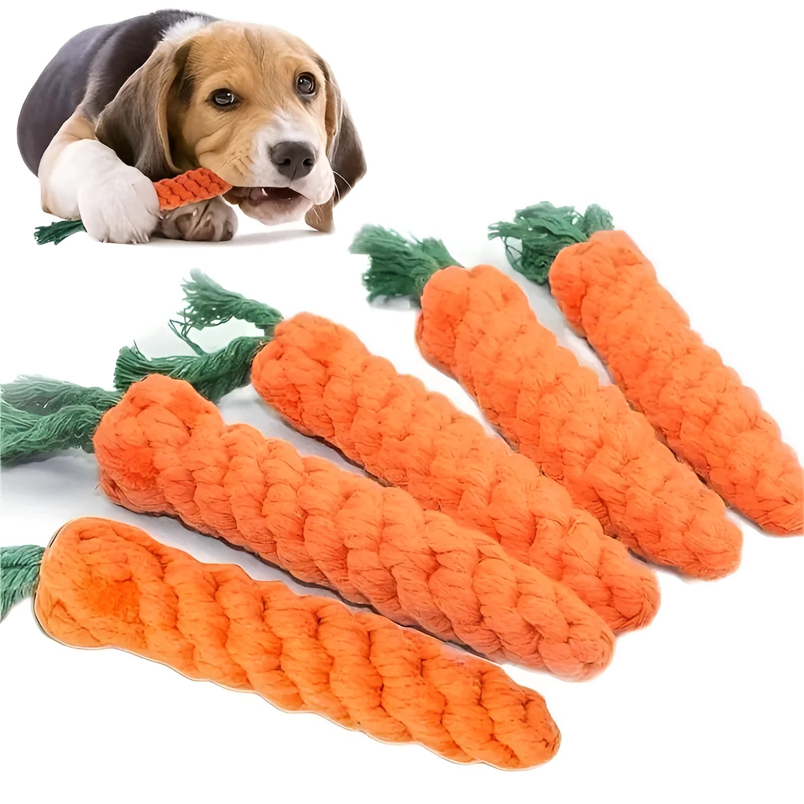 Carrot-shaped cotton rope pet chew toy for small dogs, featuring knot design for interactive play and teeth cleaning