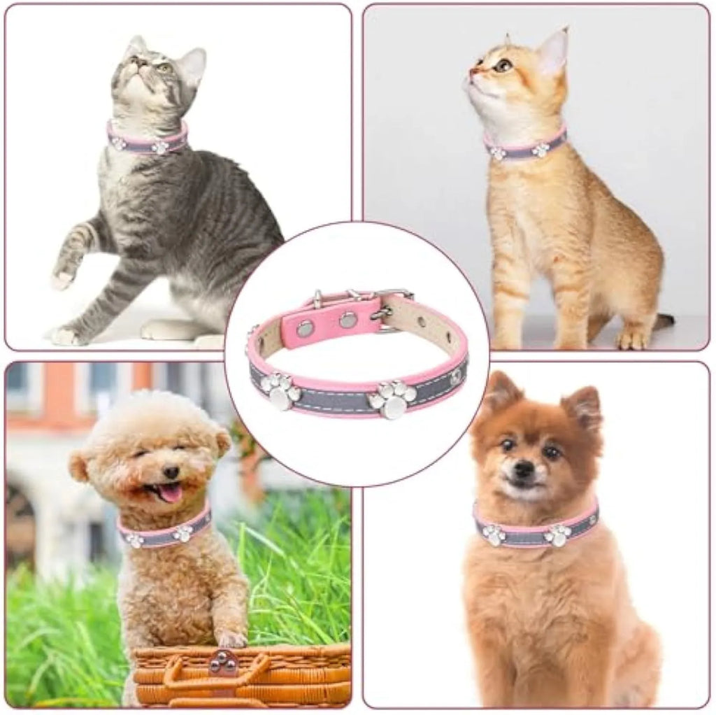 Reflective adjustable PU leather dog collar with metal buckle and paw rivet in multiple sizes.