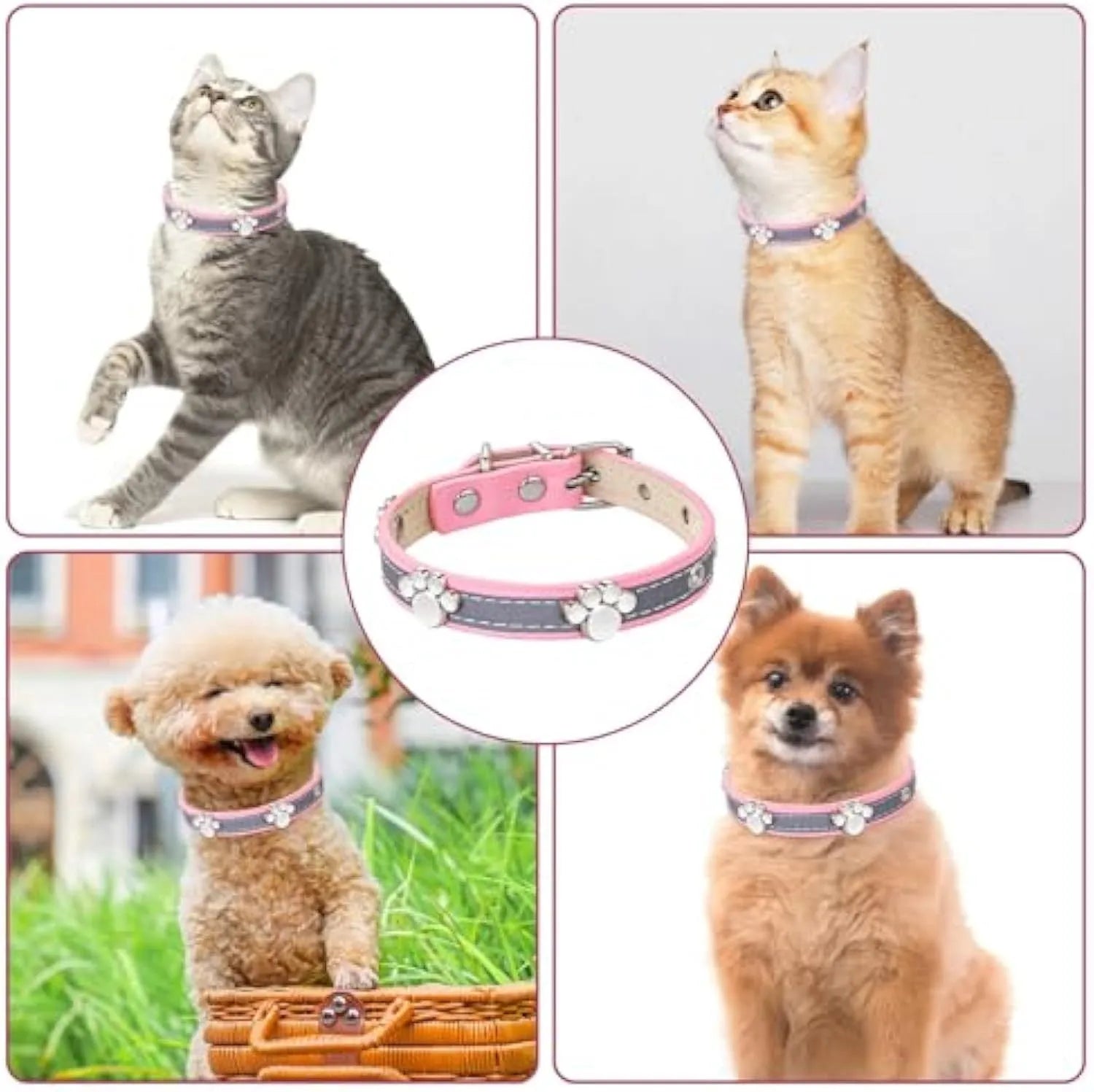 Reflective adjustable PU leather dog collar with metal buckle and paw rivet in multiple sizes.