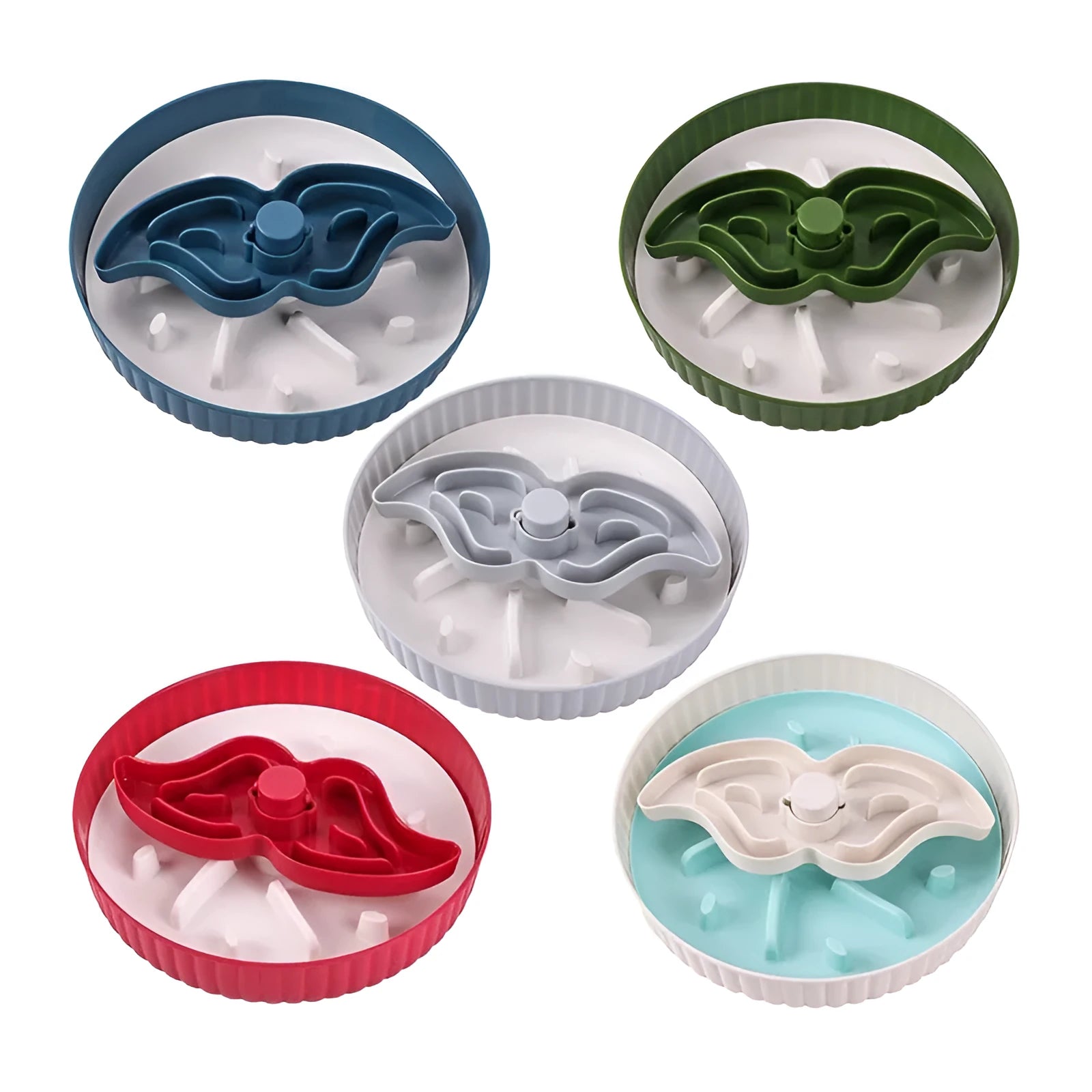 Interactive pet slow feeder bowl with rotating game board and textured silicone pad in assorted colours.