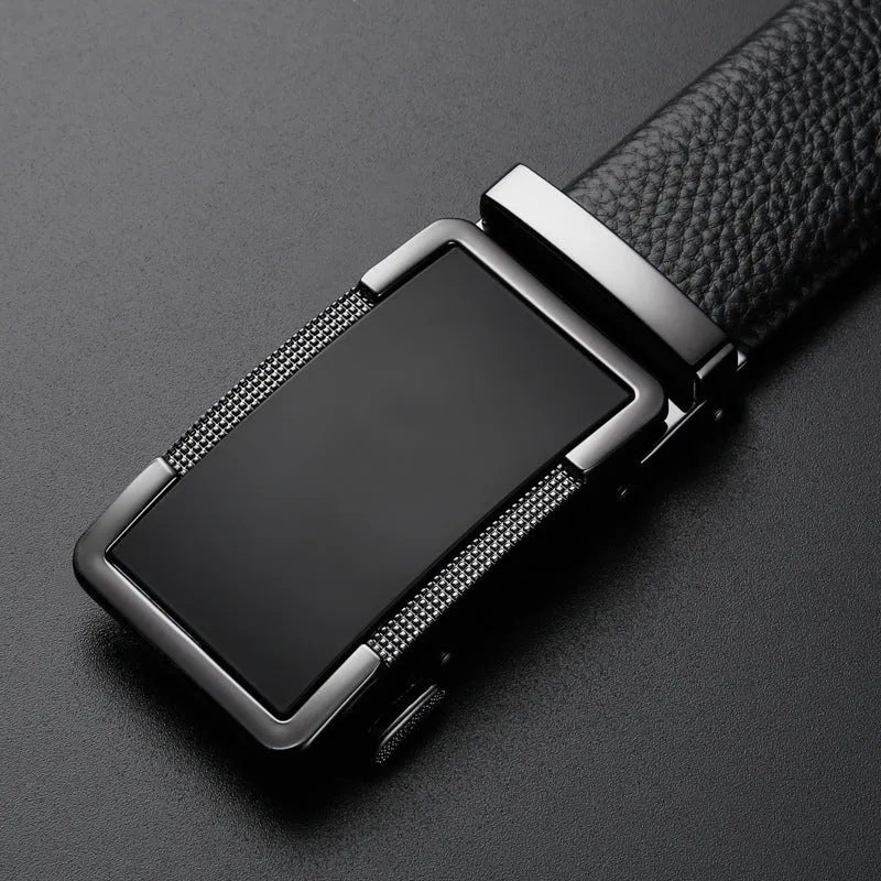 Men's leather belt with automatic alloy buckle in gun black colour showing standard 2-4cm width