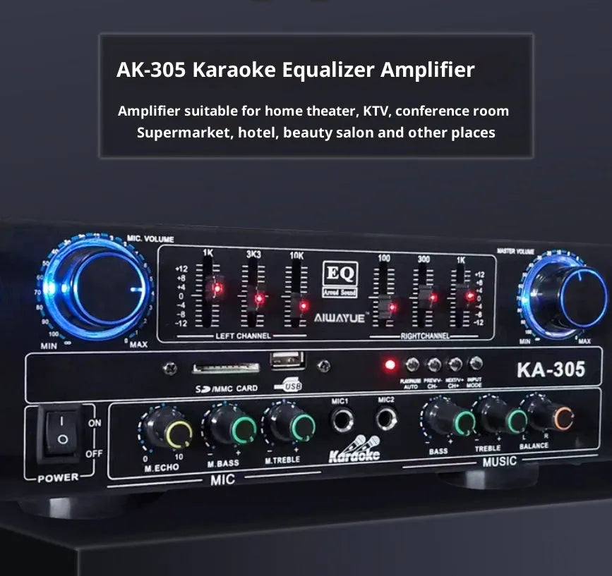 KA-305 4.1 channel Bluetooth power amplifier in black with front panel controls and lotus interface connections