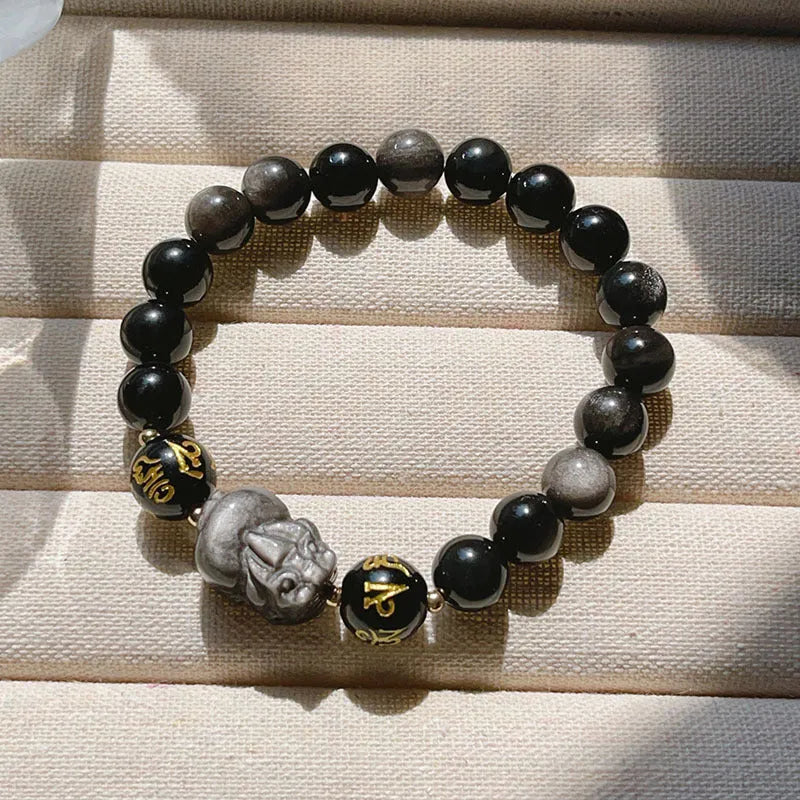 Natural silver stone men's bracelet with beaded design and Chinese style six-word proverbs