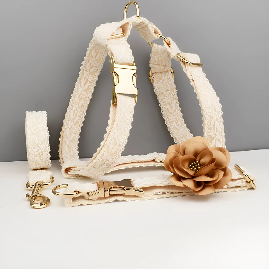 Leaves and lace pattern dog wedding collar and leash set with vest and floral accessories on a white background.