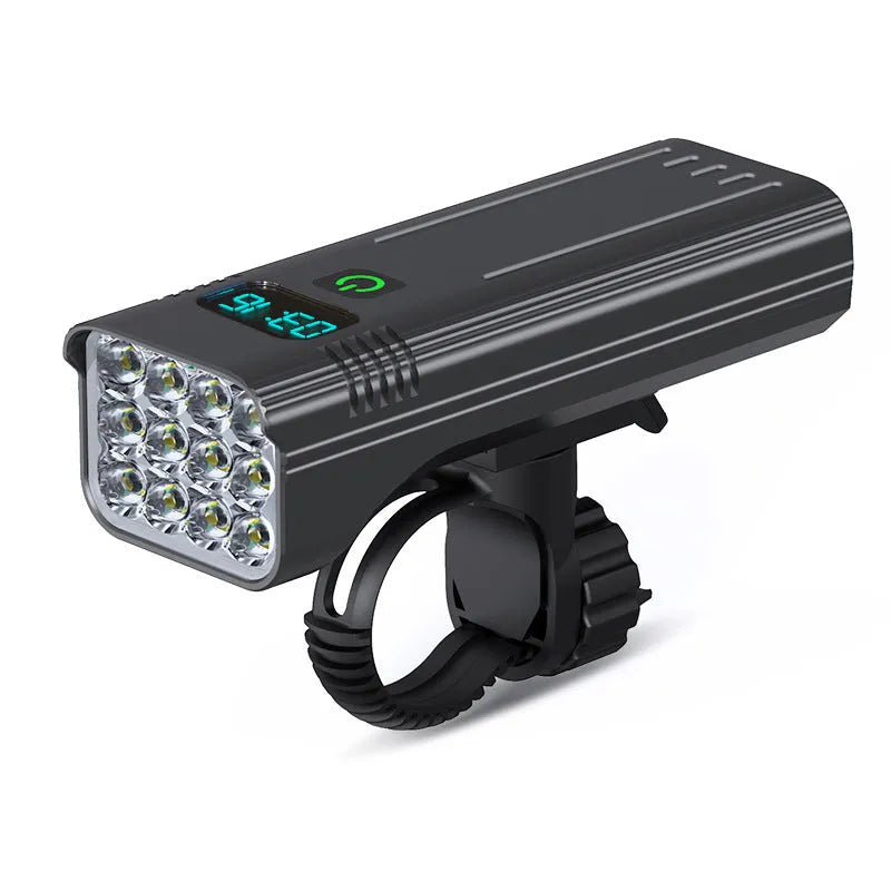 Black KX12DF digital display bicycle headlight with aluminium alloy barrel on a 360-degree rotating bracket.