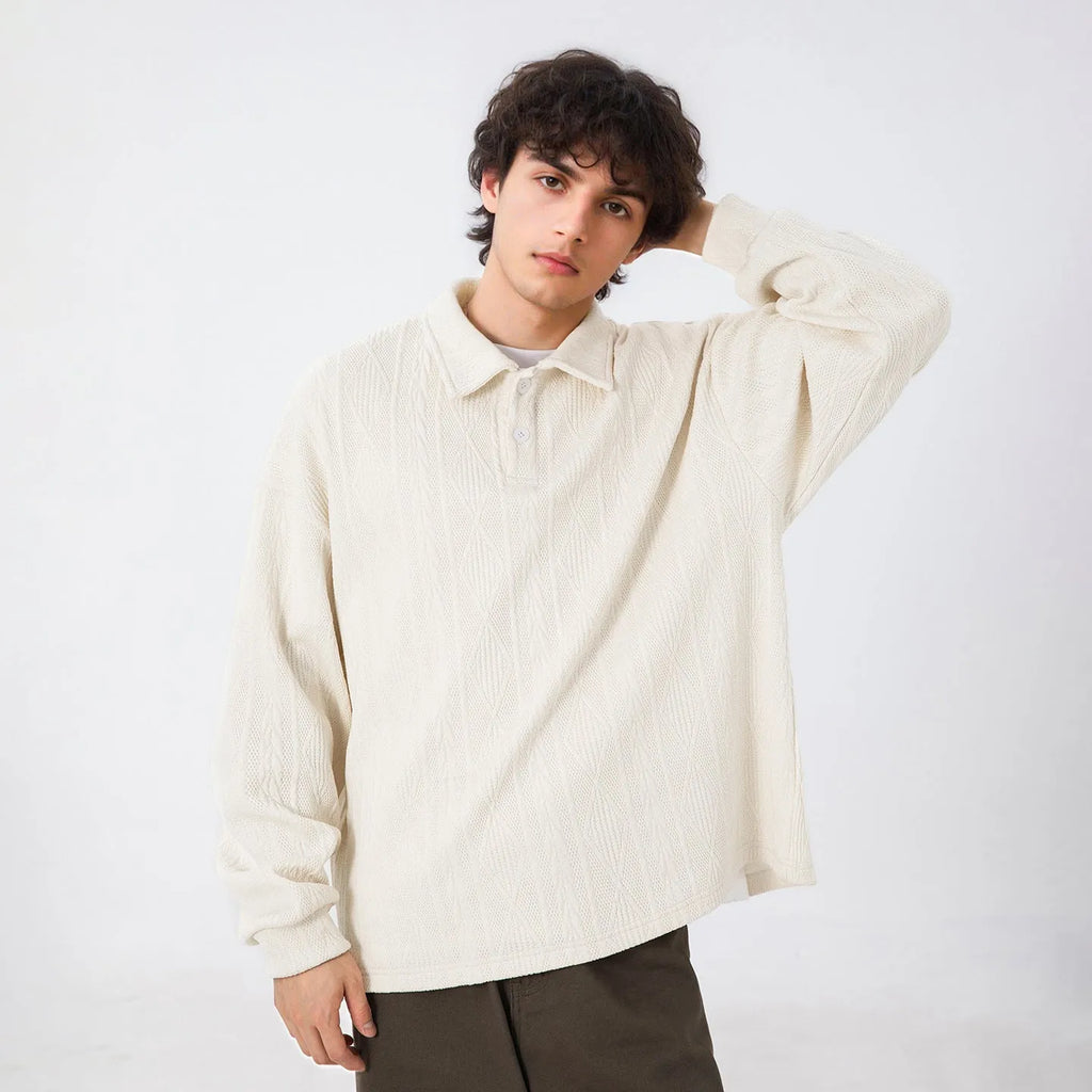 Texture jacquard lapel sweater for men in black loose fit autumn pullover
