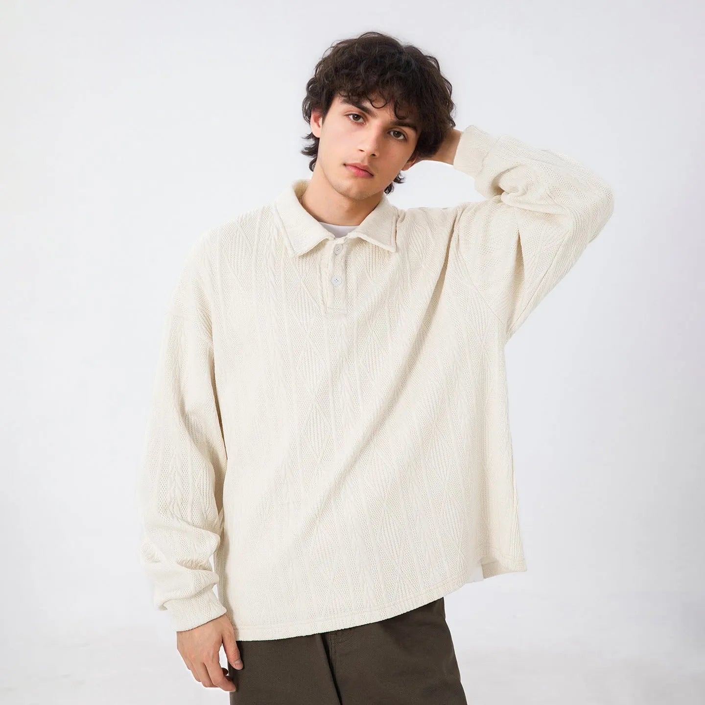 Texture jacquard lapel sweater for men in black loose fit autumn pullover