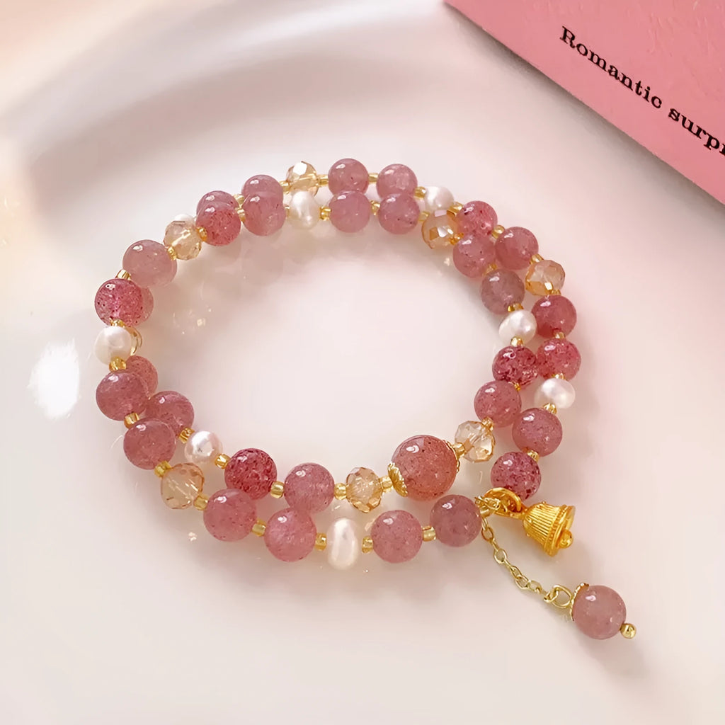 Double-layer strawberry quartz pearl bell bracelet for women, electroplated finish, geometric shape