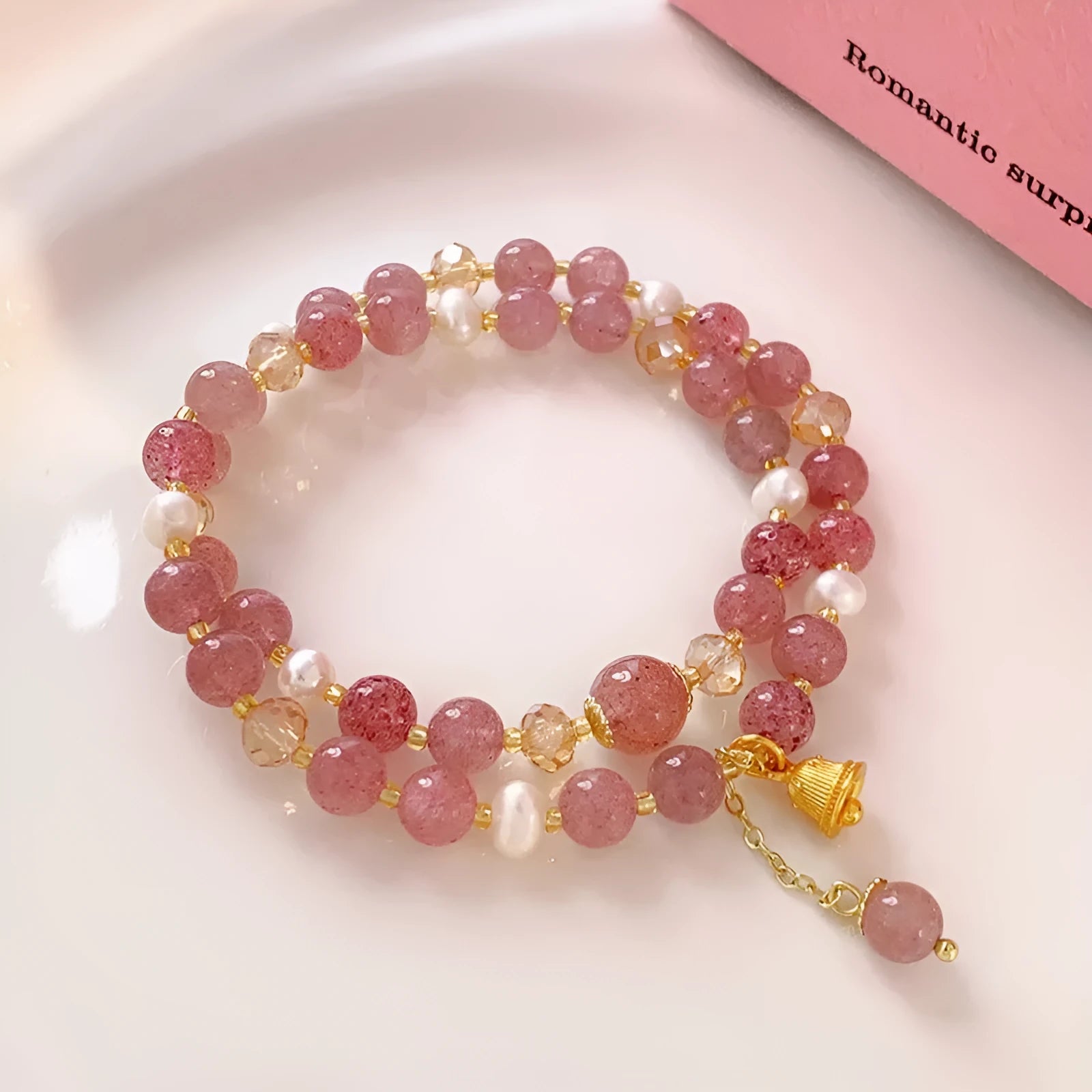 Double-layer strawberry quartz pearl bell bracelet for women, electroplated finish, geometric shape