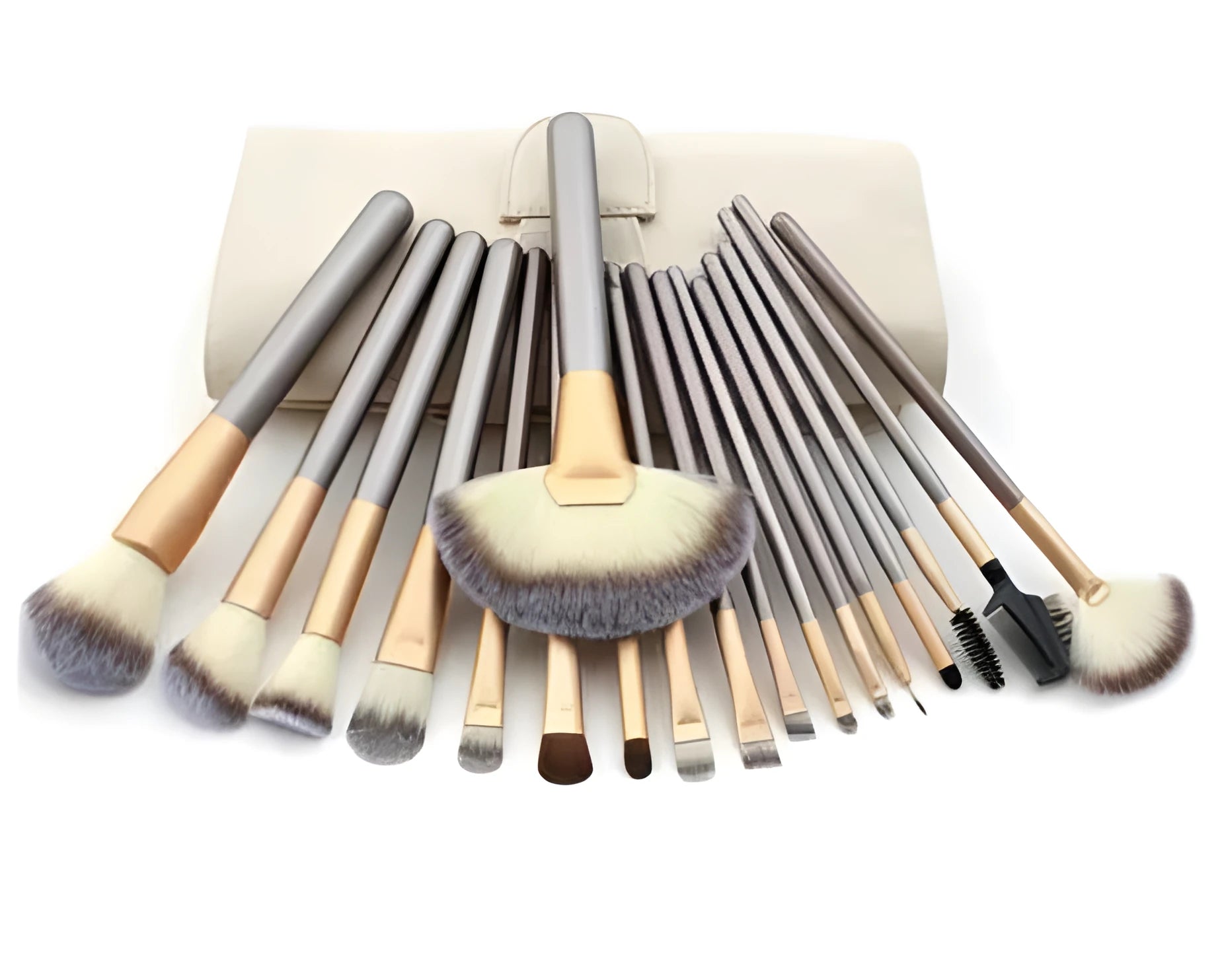 Persian make-up brush set with rice white bristles and champagne handles, showing 12, 18, and 24 brush set options.