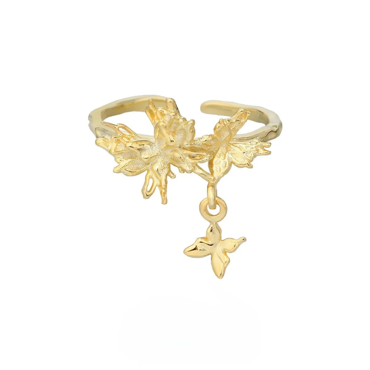Adjustable silver butterfly ring with electroplated gold finish