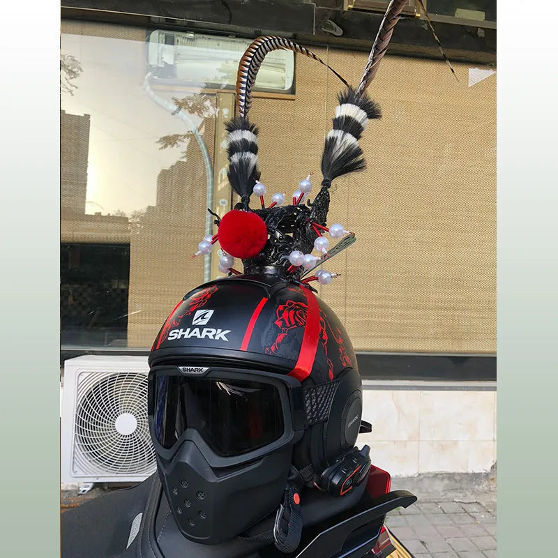 Black crown and long feather motorcycle helmet decoration for personalisation.