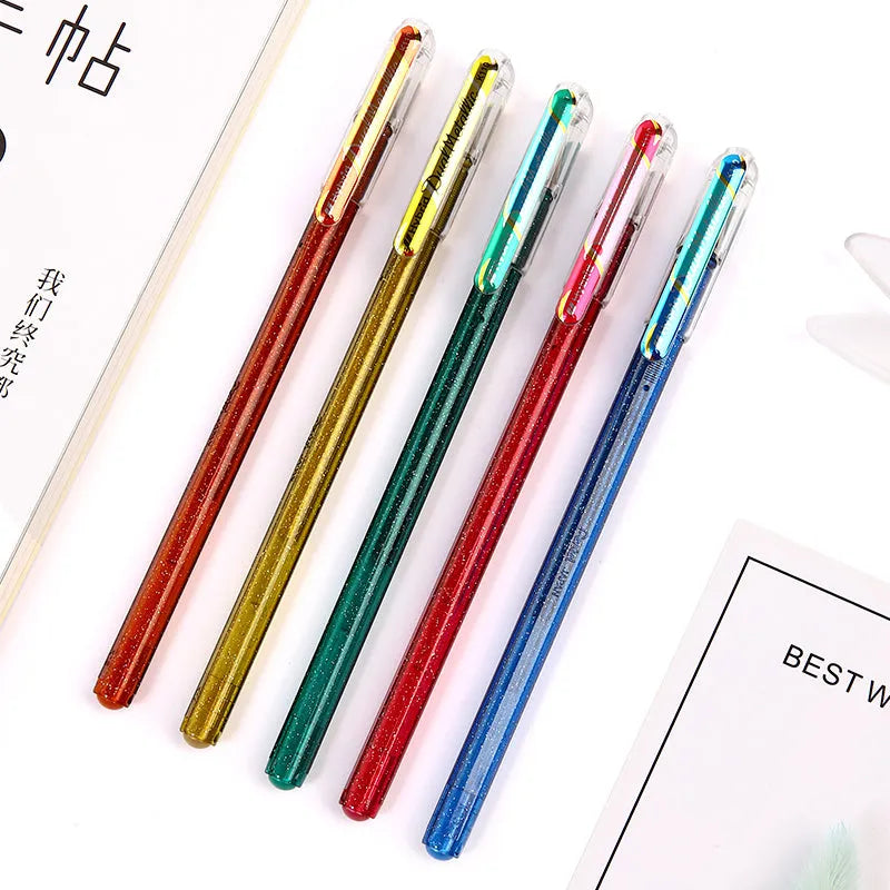 Flash 1.0mm glitter gel pen in multiple colours showing metal barrel and pearlescent ink.