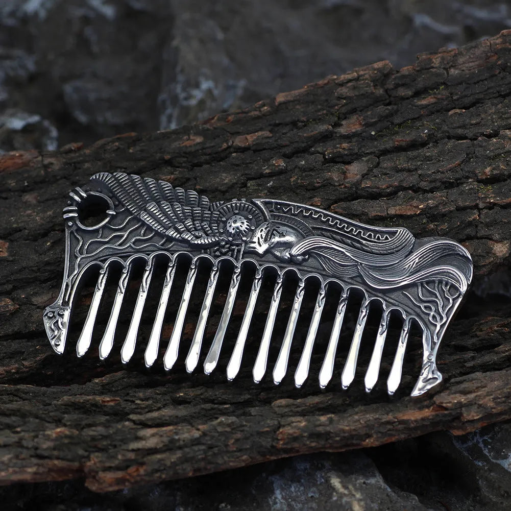Nordic Viking stainless steel comb double-sided with Aoding crow design steel colour unisex