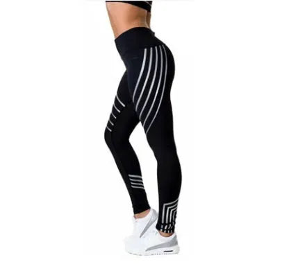 Women's black and white glowing print leggings made from milk silk blend fabric for workouts