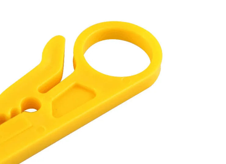 Yellow portable wire stripper tool for 0.6 mm cables with integrated metal cutter.