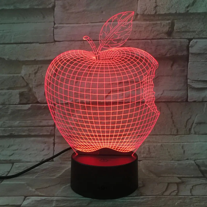 Colourful 3D fruit-shaped night light with acrylic shade and touch control.