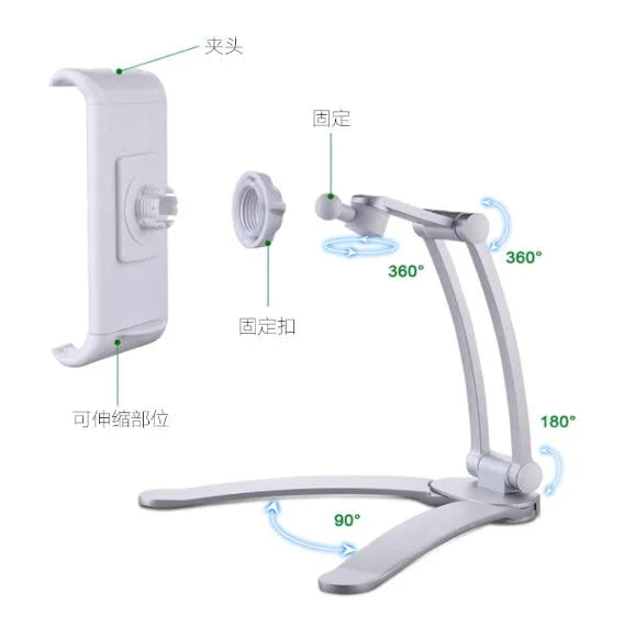 Silver aluminium alloy desktop tablet stand with adjustable clips and 360-degree rotation on a white mount.