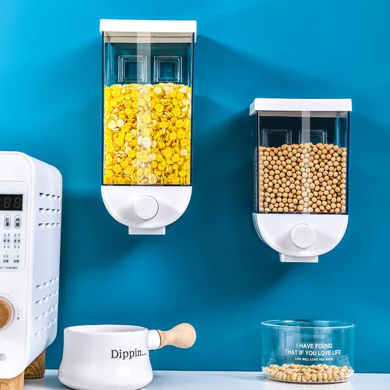 White transparent kitchen food storage box with easy press cereal dispenser lid.