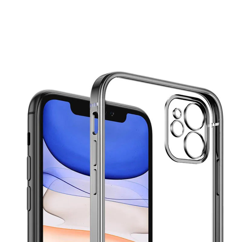 Electroplated magnetic suction mobile phone case for iPhone in silver, blue, black, gold and purple colours.