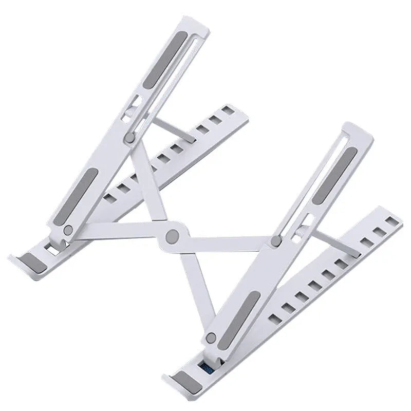 Black folding desktop bracket adjusted to a medium height angle on a wooden desk.
