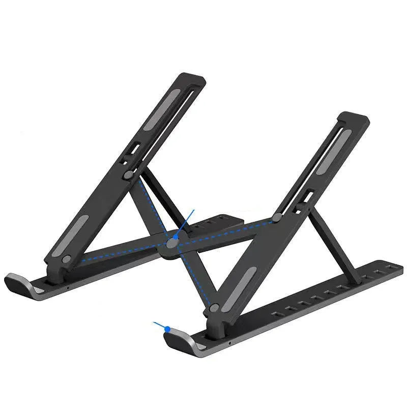 Black folding desktop bracket adjusted to a medium height angle on a wooden desk.
