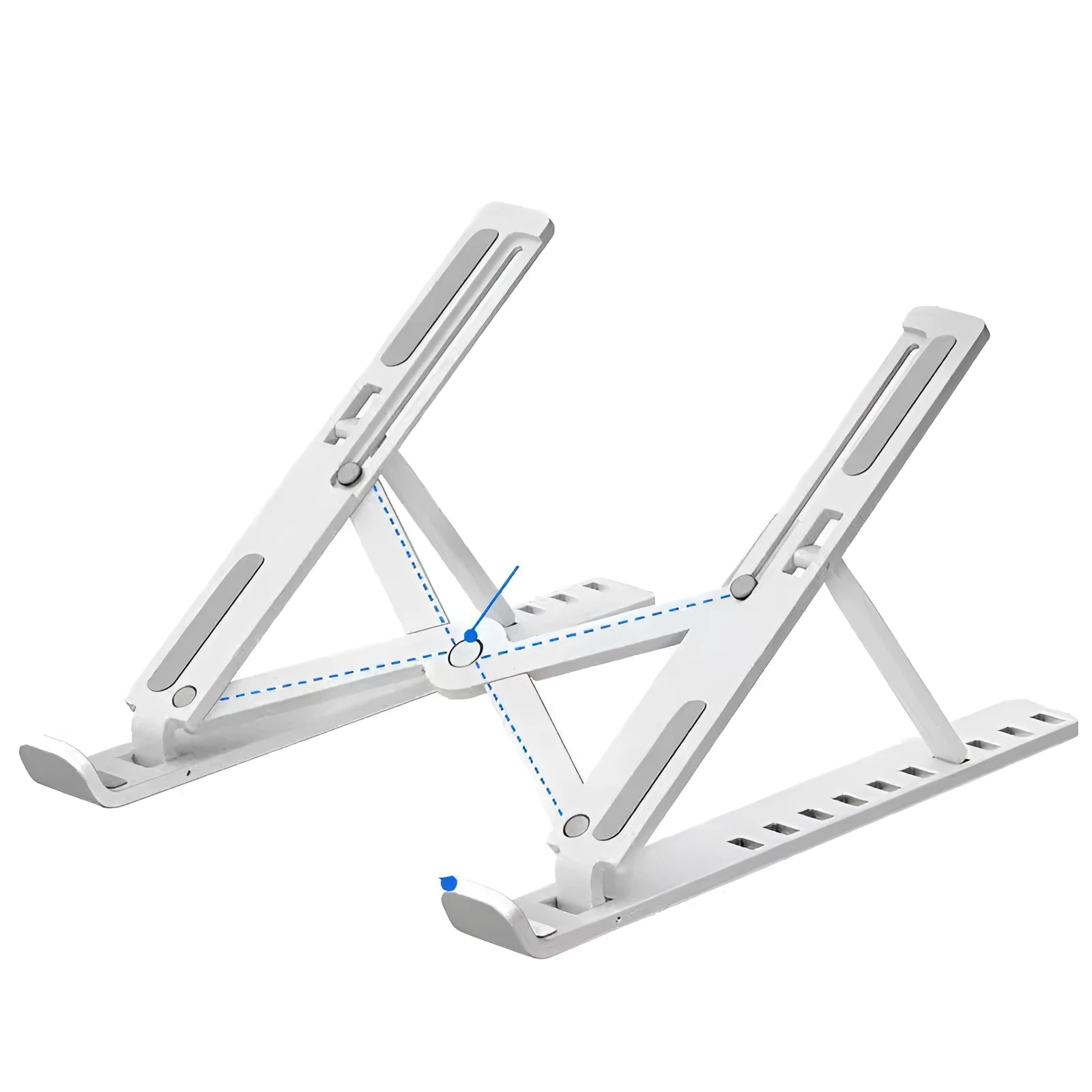 Black folding desktop bracket adjusted to a medium height angle on a wooden desk.