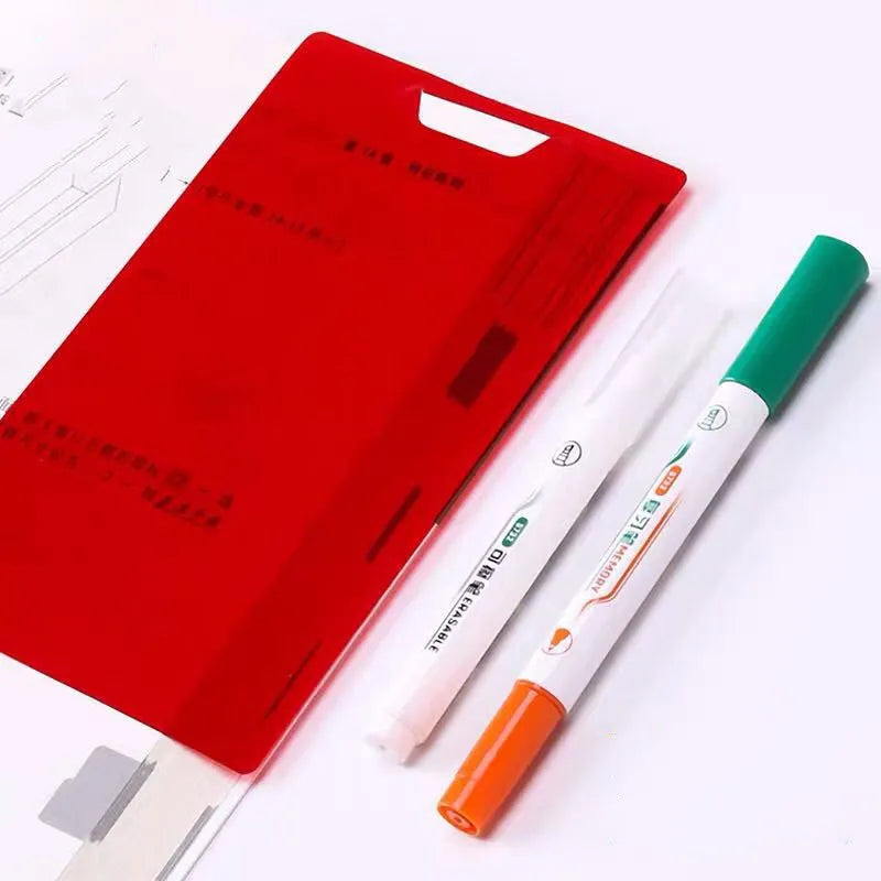 Green erasable highlighter and pen set with slanted design and included eraser on card packaging