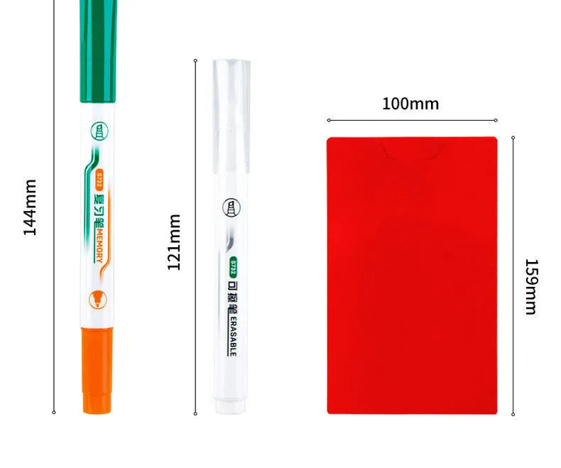 Green erasable highlighter and pen set with slanted design and included eraser on card packaging