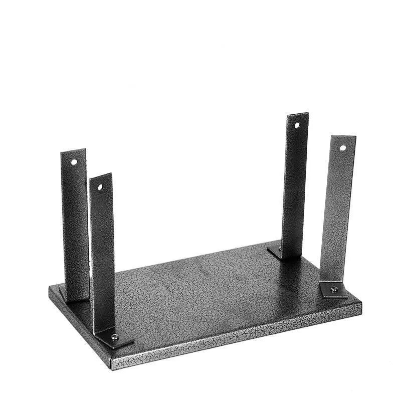 Black iron portable electric planer flip chip bracket accessory on a workbench.