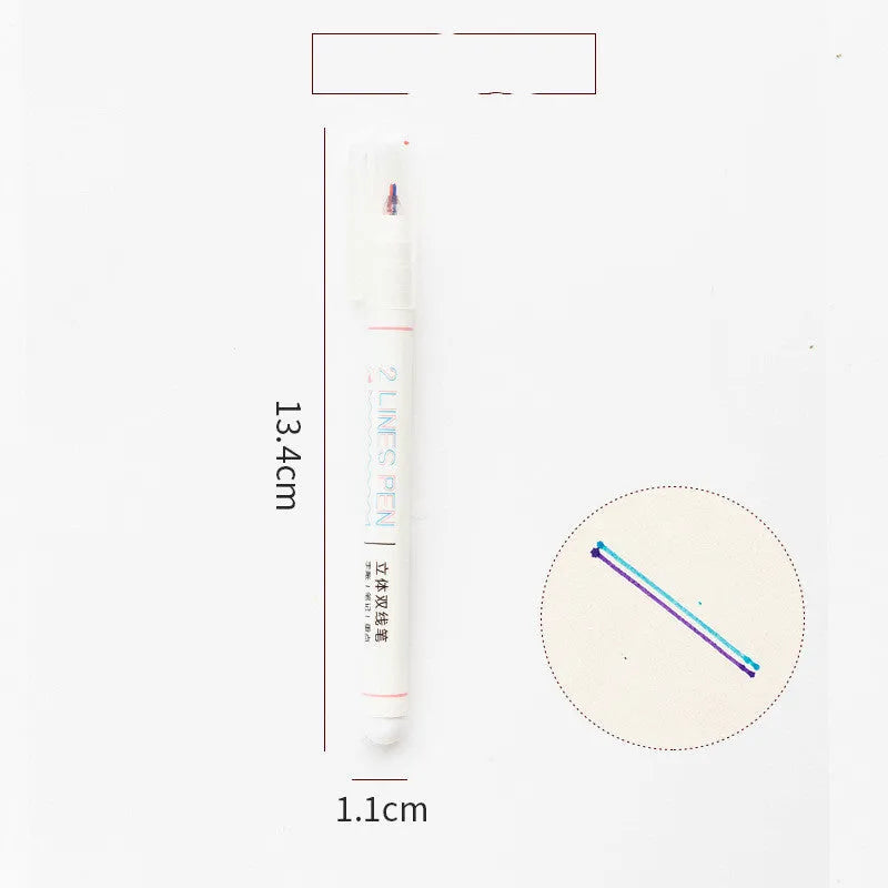 Two-colour student highlighter pen with 0.5mm double line tip and 13.4cm plastic body