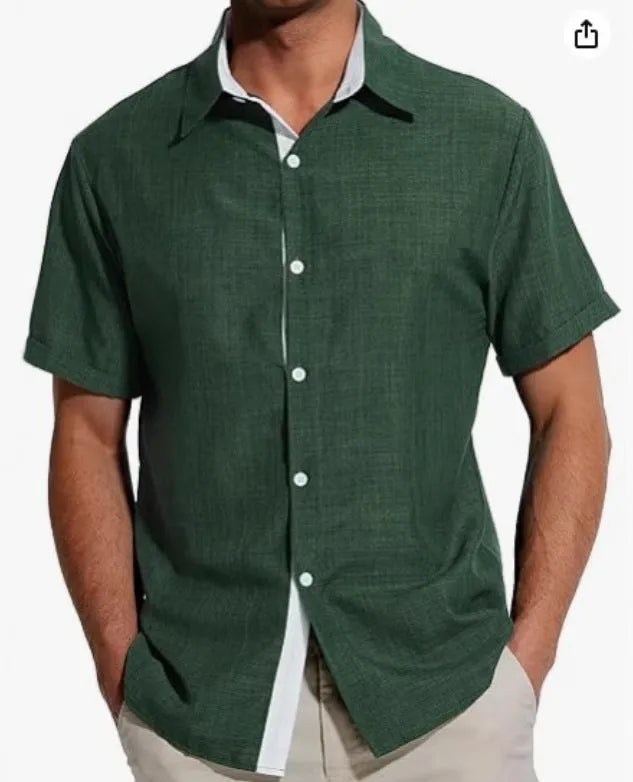 Men's grey floral print short-sleeved shirt laid flat, showing regular fit and cardigan style.