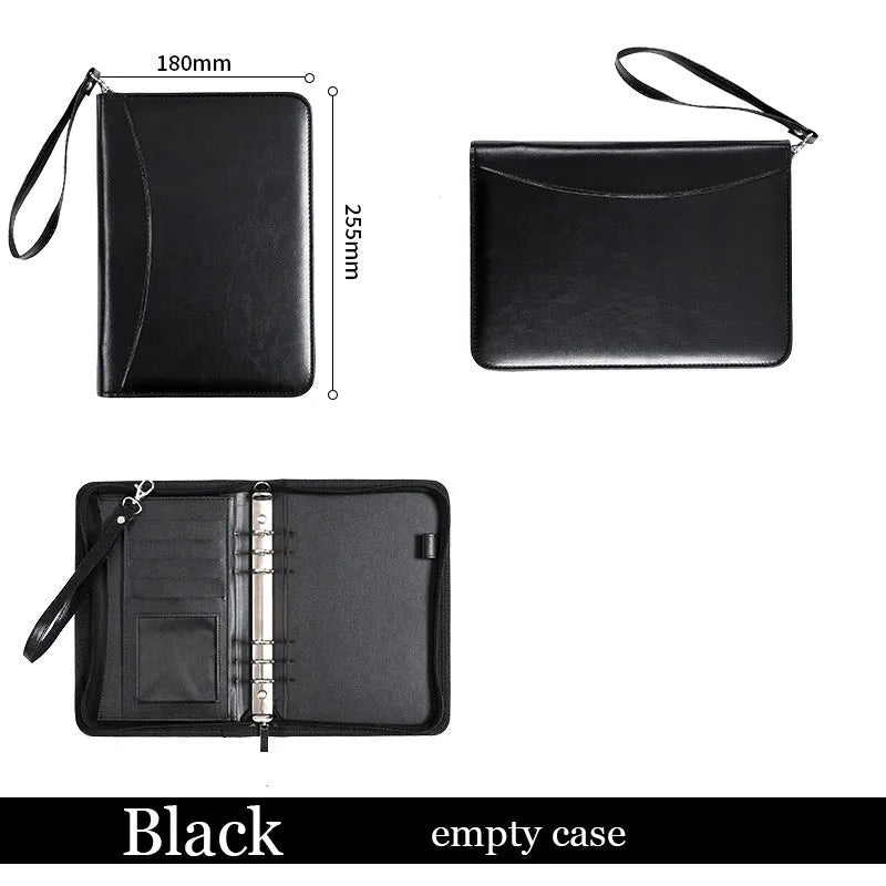 A5 PU business manager folder zipper bag in black with calculator and loose-leaf pages