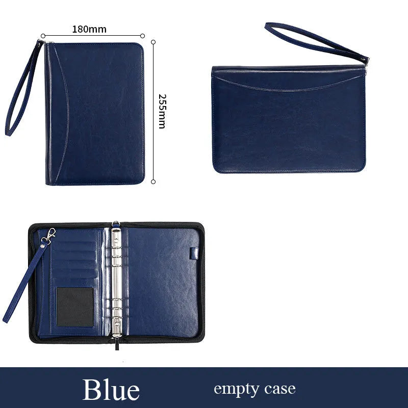 A5 PU business manager folder zipper bag in black with calculator and loose-leaf pages