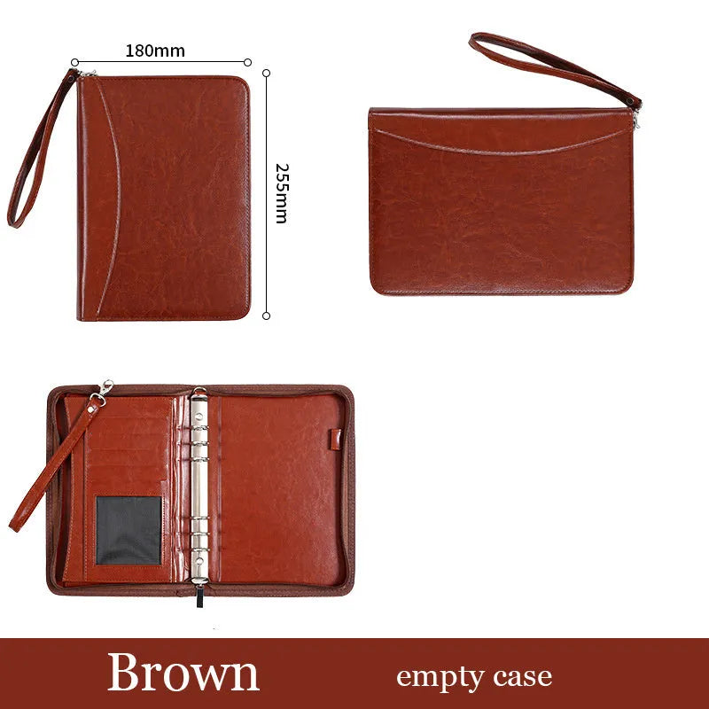 A5 PU business manager folder zipper bag in black with calculator and loose-leaf pages