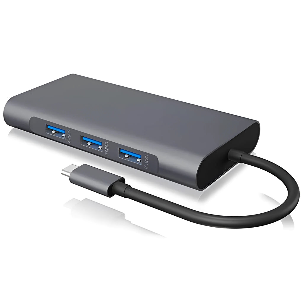 Black USB-C hub 10-in-1 with HDMI, VGA, Ethernet, SD card slots, and PD 100W charging port