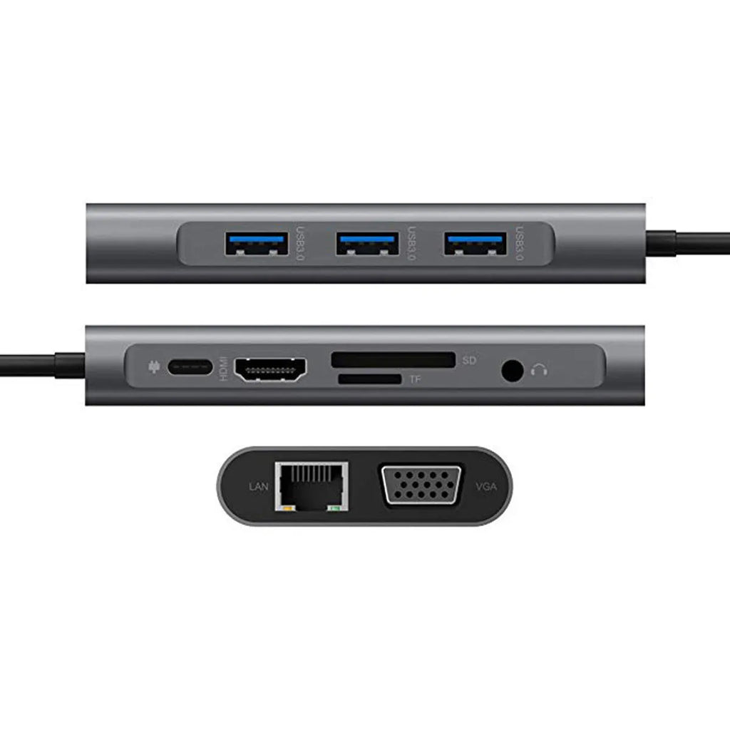 Black USB-C hub 10-in-1 with HDMI, VGA, Ethernet, SD card slots, and PD 100W charging port
