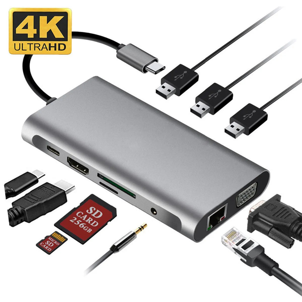 Black USB-C hub 10-in-1 with HDMI, VGA, Ethernet, SD card slots, and PD 100W charging port