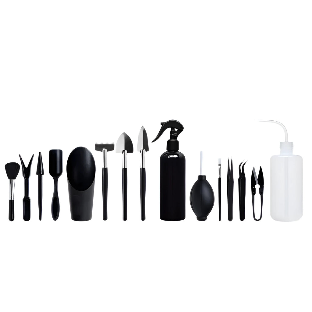 Black plastic and metal succulent gardening tool set with 16 pieces including scissors, shovel, watering bottle, and cushion.