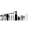 Black plastic and metal succulent gardening tool set with 16 pieces including scissors, shovel, watering bottle, and cushion.